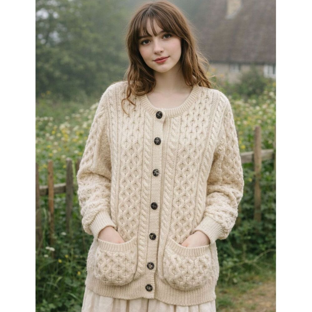 Aran Crafts Ireland 100% Wool Cable Knit Cardigan Cream Cottage Women sz Medium